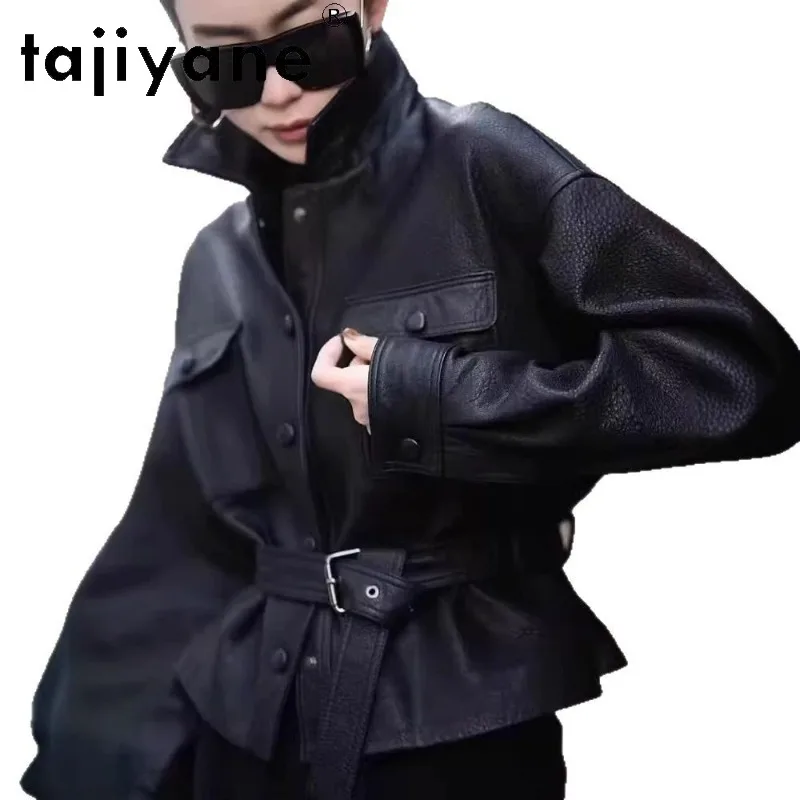 TAJIYANE Genuine Leather Jacket Women Short Sheepskin Leather Coat Fitted Waist Jackets of Woman Lapel Outwear Black Chaquetas