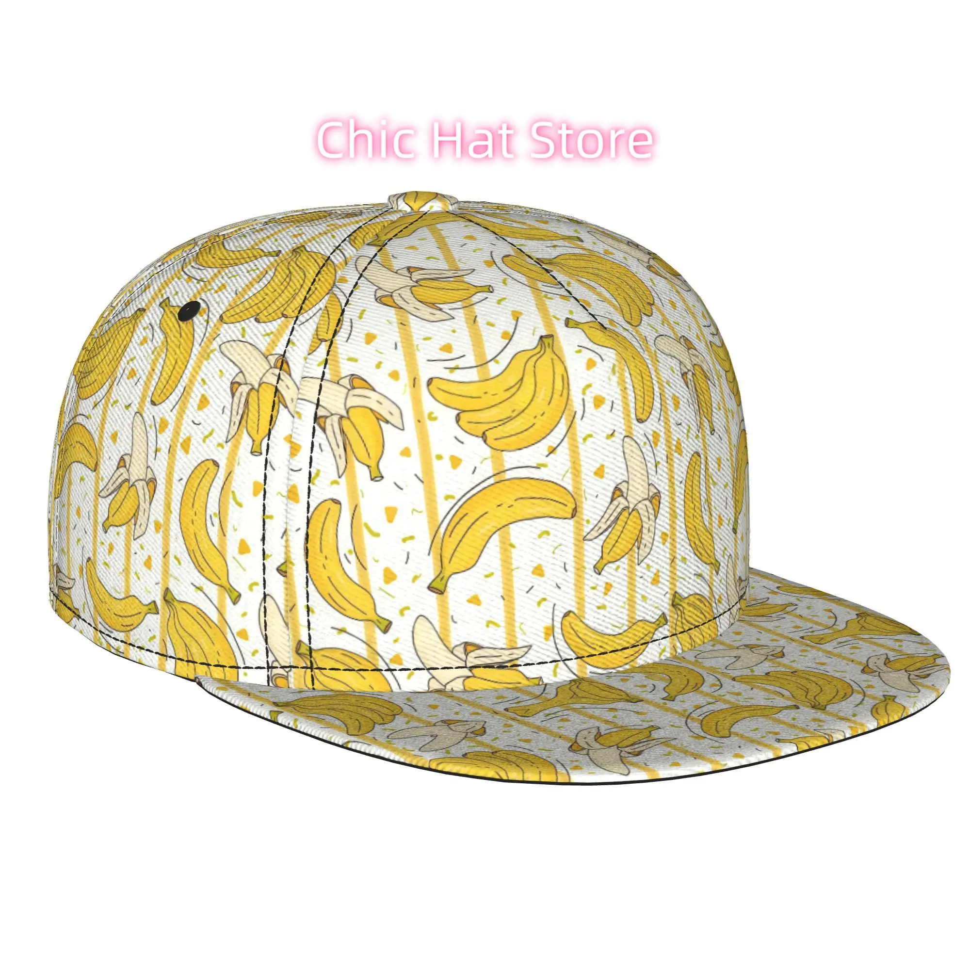 Playful Banana Illustration Pattern 1pc Fully Printed Hip-hop Caps, Baseball Caps, Stylish Flat-brimmed Baseball Caps, Trucker C