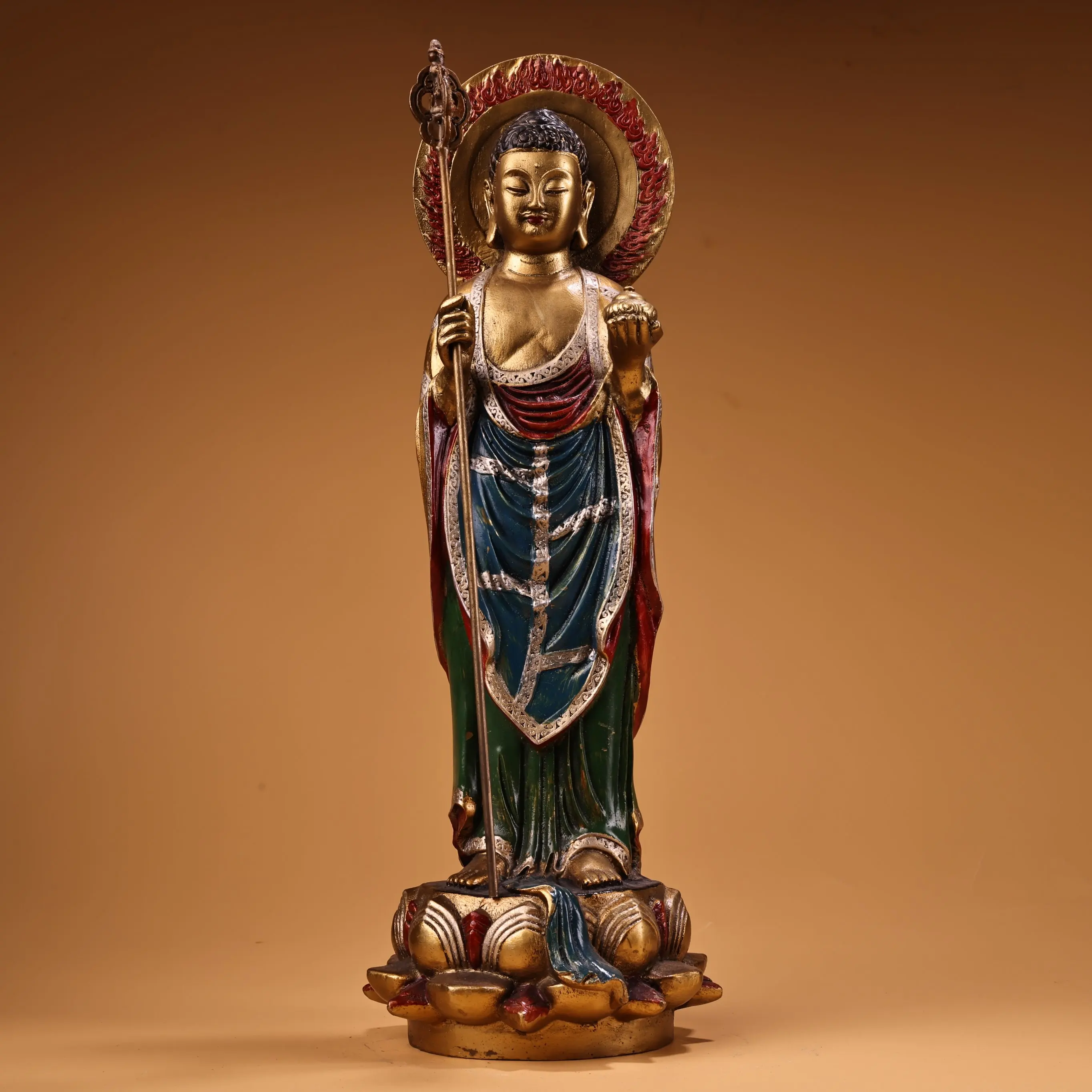 Old Bronze Gilded Painted Parinirvana Shakyamuni Standing Buddha Lotus Terrace Buddha Terrace Backlight Amitabha Worship Hall