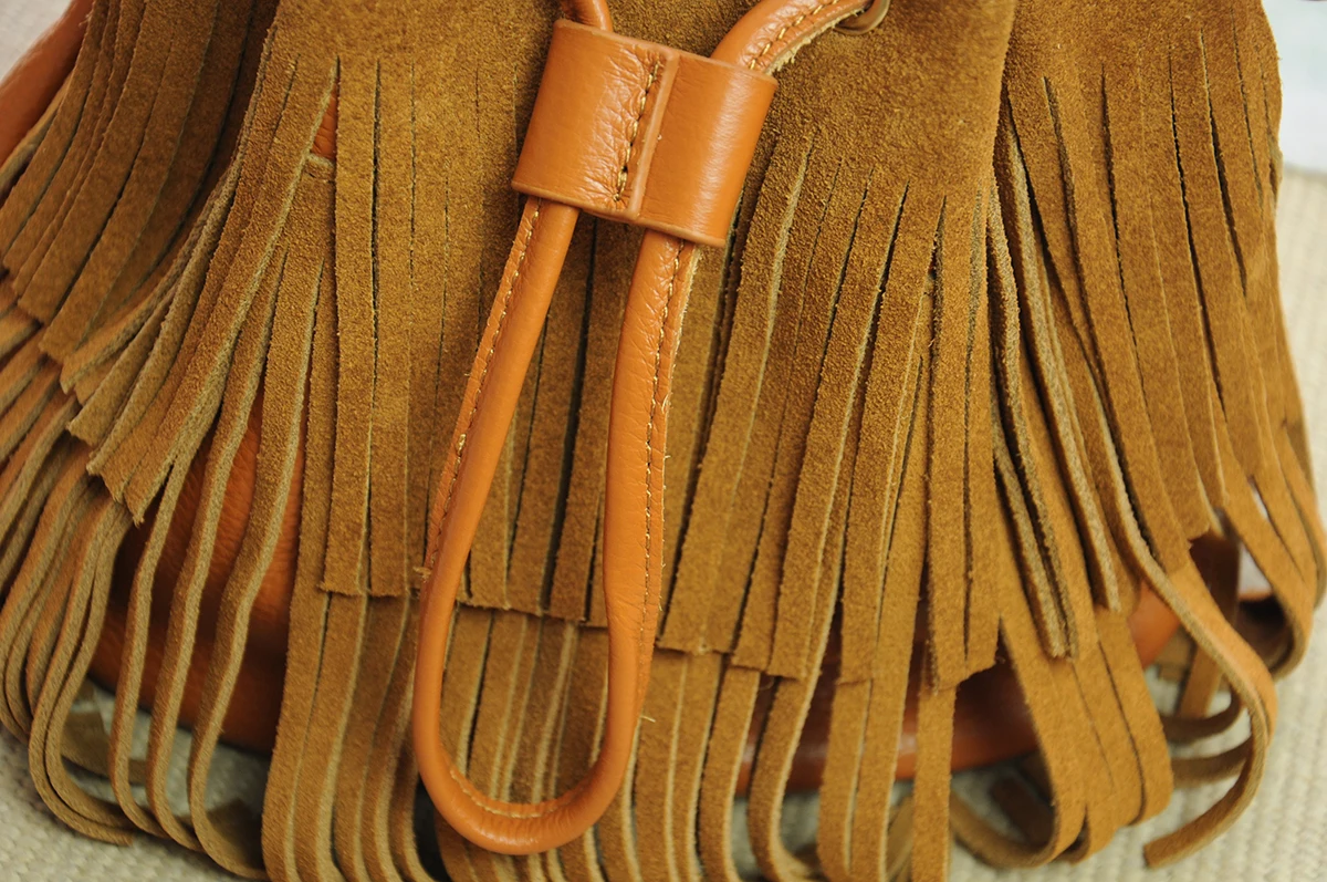 Women Fashion Genuine Leather Suede Fringed Small Size Bucket Pouch Bag Bohemian Boho Ibiza Gypsy Hippie Phone Side Sling Bag