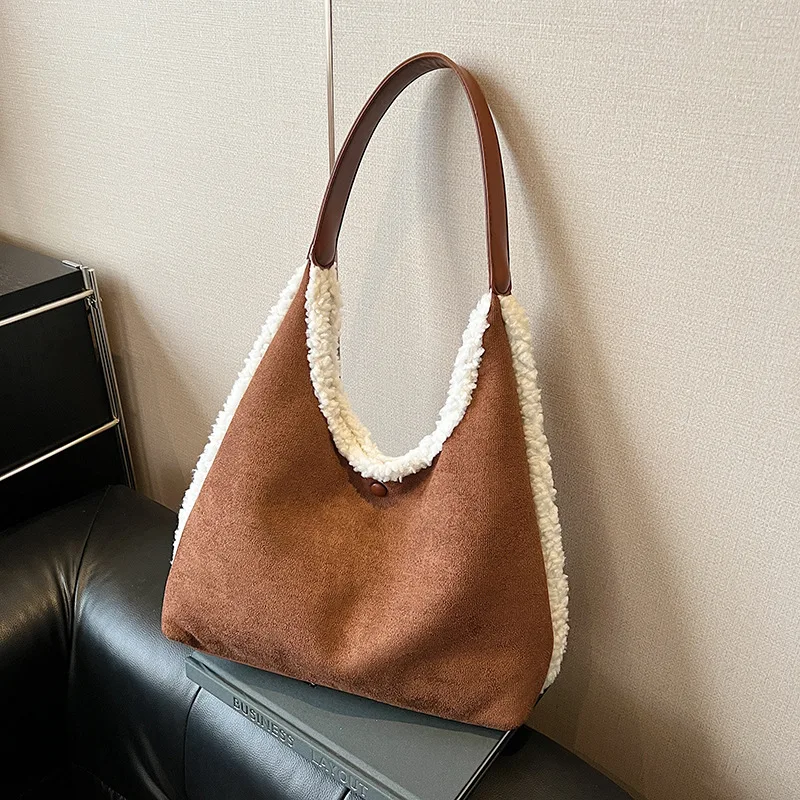 

Autumn and Winter Vintage Women's Bag Large Capacity Suede Shoulder Bag Solid Color Simple Casual Commuter Bag Retro Handbags