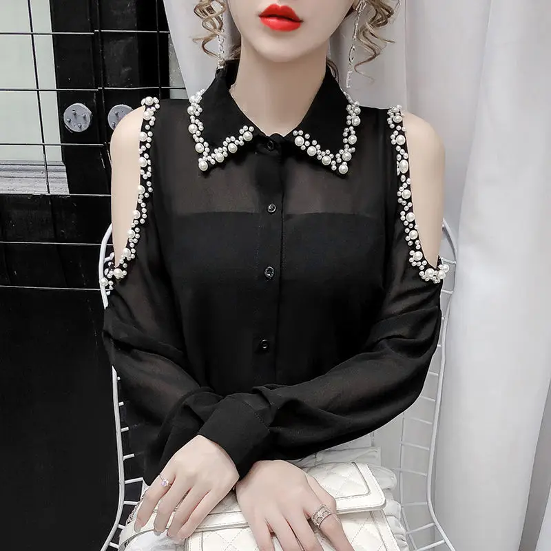 Sexy Off Shoulder Sheer Elegant Chic Beaded Black White Button Up Shirt Fashion Korean Long Sleeve Loose Top Blouse Women Blusas