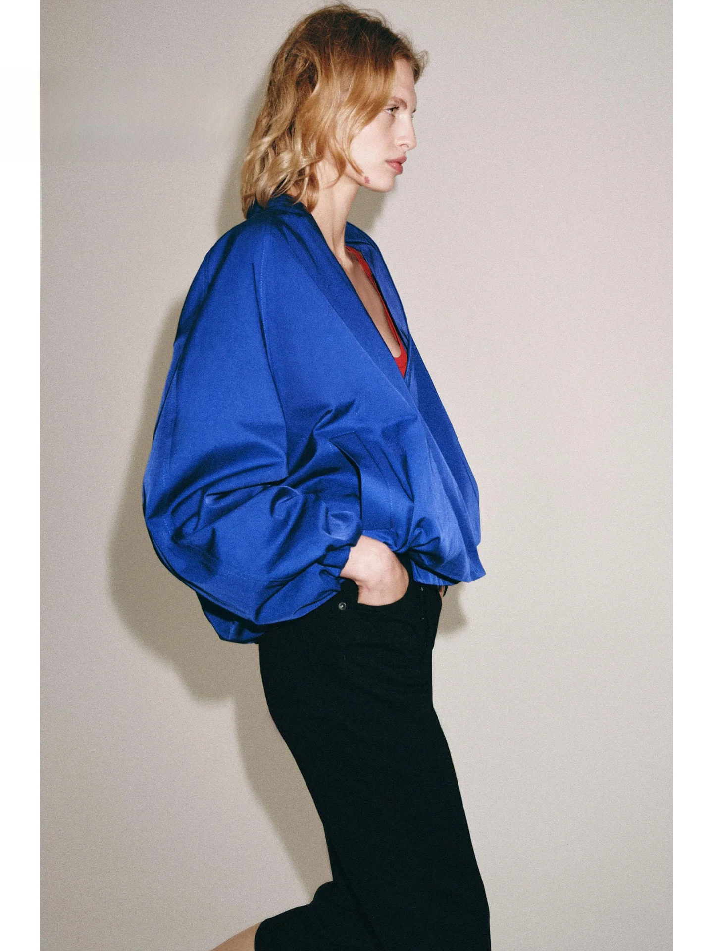 Loose Fit Pilot Jacket Women's Casual Style V-Neck Shoulder-Drop Lantern Sleeve Drawstring Hem Outerwear for Women