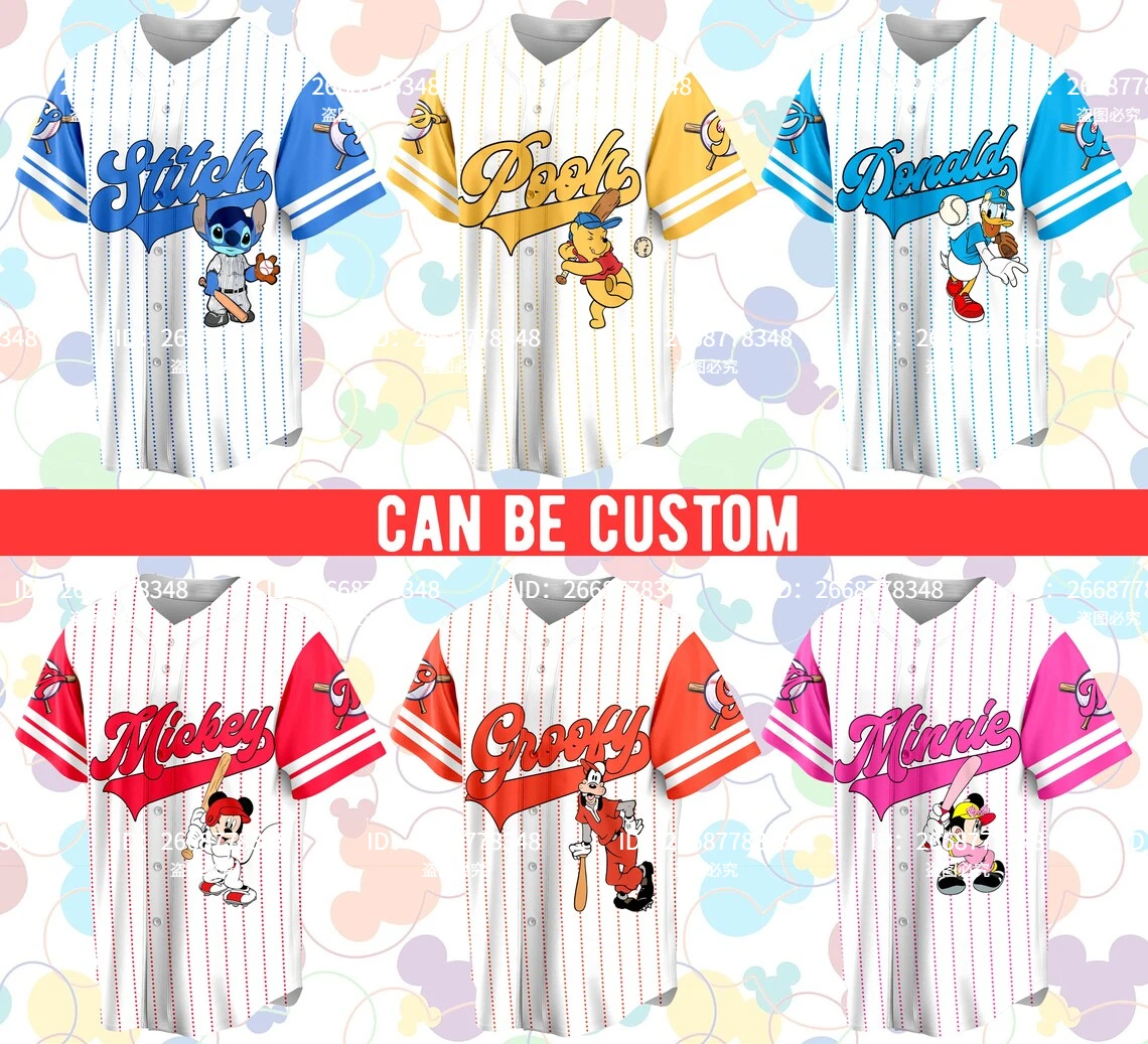 

Disney shortsleeved baseball uniform men's and women's shirt Mickey Minnie baseball Jerseys fashion casual Winnie the Pooh shirt