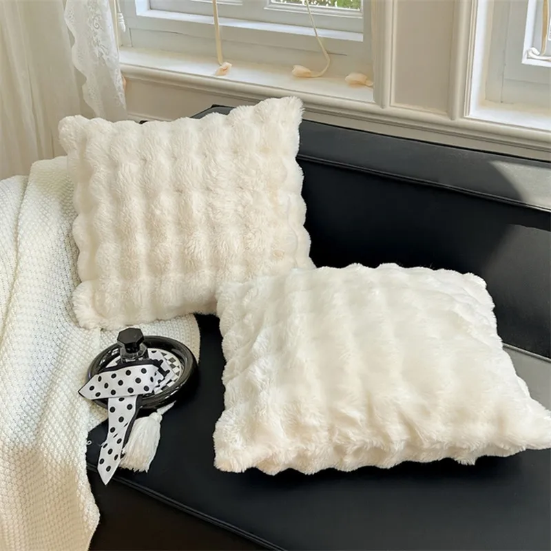 1pc Luxury Faux Rabbit Fur Cushion Cover 50*50cm Plush Milk White Throw Pillowcase for Sofa Bed Living Room Home Decor NO Inner