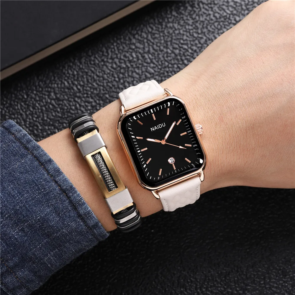 2pcs/set high quality calendar rectangle men leather business watch