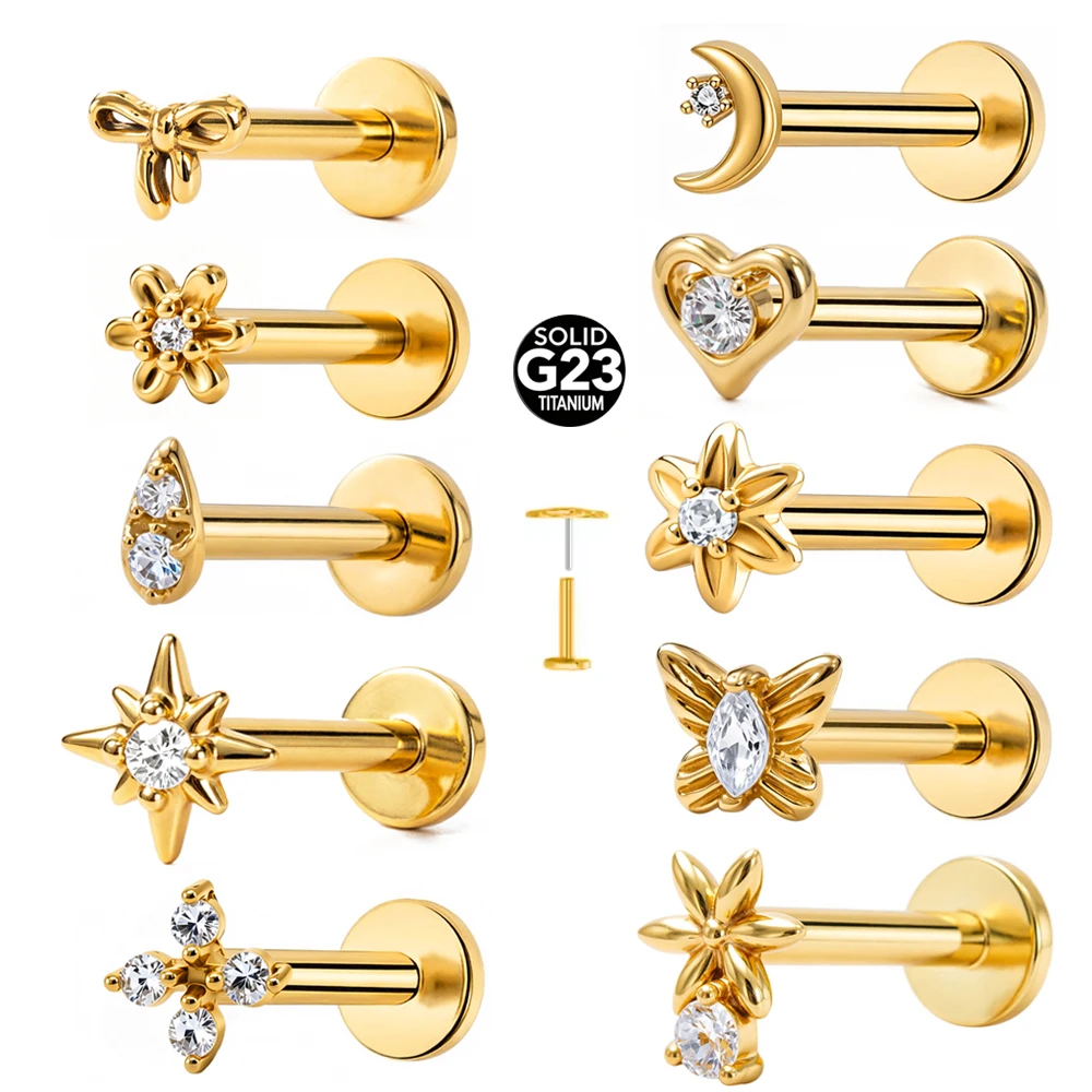1 Stück G23 Titan Blumen-Piercing Flache Rückseite Ohrringe Push-In Labret Stud Stern Mond Helix Tragus Knorpel Körperschmuck – Detail 2