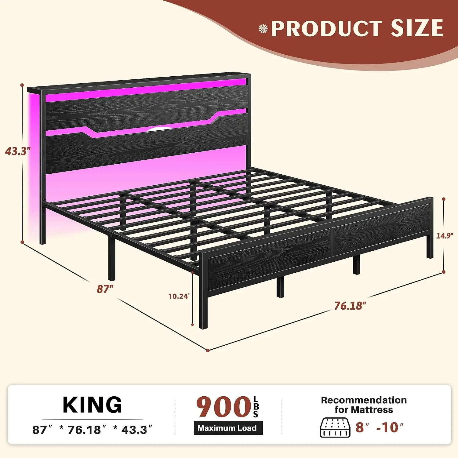 King Size Bed Frame with LED Lights, Black Modern Platform Bed with Headboard, Charging Station, Noise-Free,No Box Spring Needed
