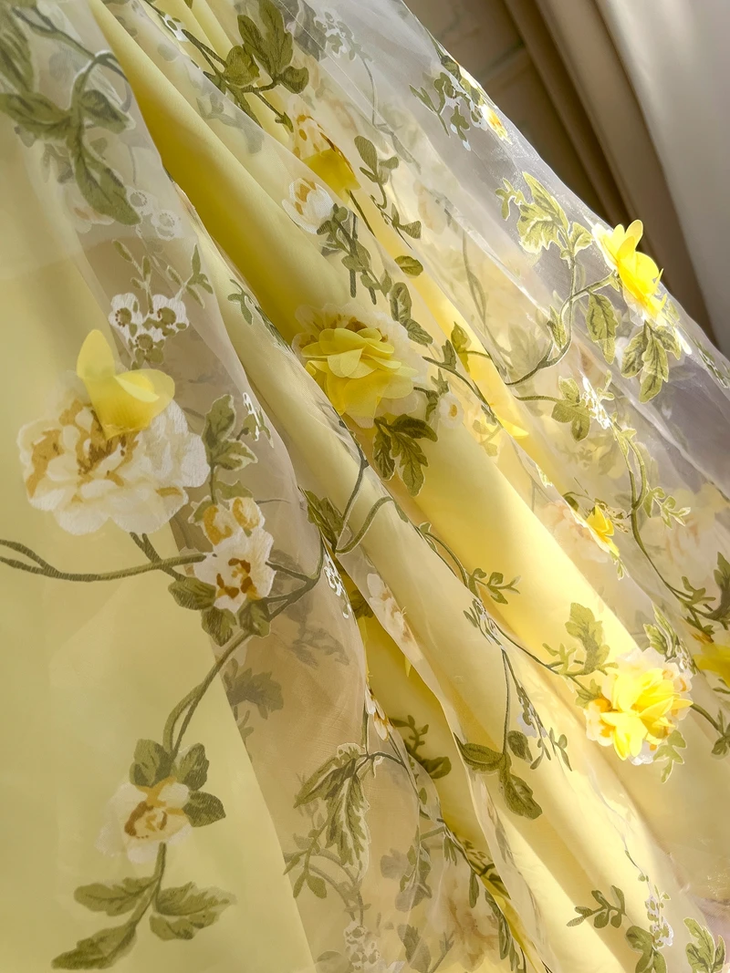 Ele Gelbes, mit Bal besticktes Tüllkleid mit Trägerkleid im 3D-Blumendesign für Hochzeitsdatum und Bankettauftritte