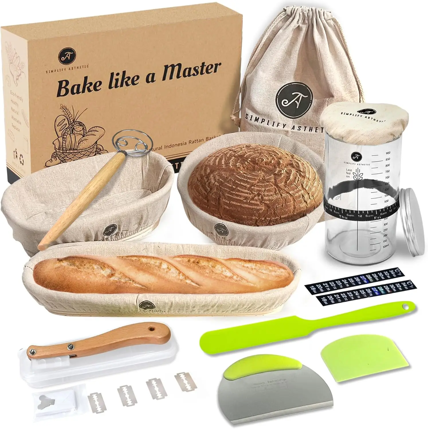 

Complete Sourdough Baking Kit with Banneton Basket, Dough Scraper, Lame & Jar