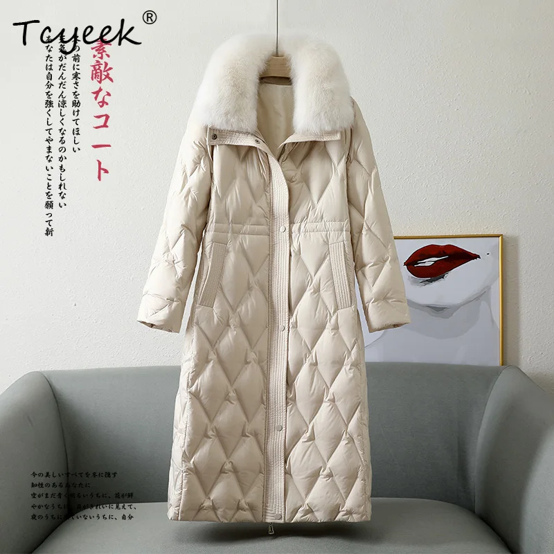 Tcyeek 秋冬韓国語バージョン取り外し可能なキツネの毛皮の襟スクエアカラーロング女性のホワイトグースダウンコート Veste ファム