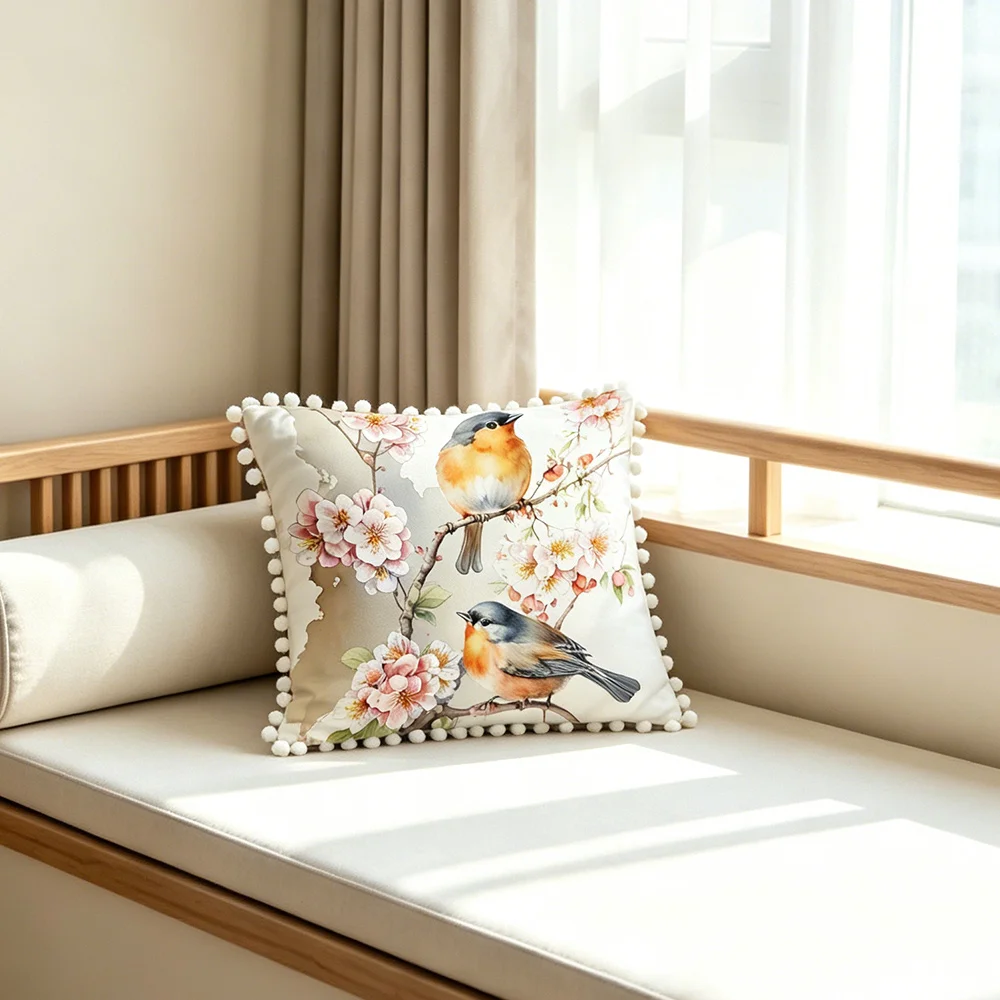 1PC Chinese Hummingbird Print Pillow Cover Pom Pom Tassel Floral Branch Decorative Throw Pillow Sofa Couch Bedroom Home Decor