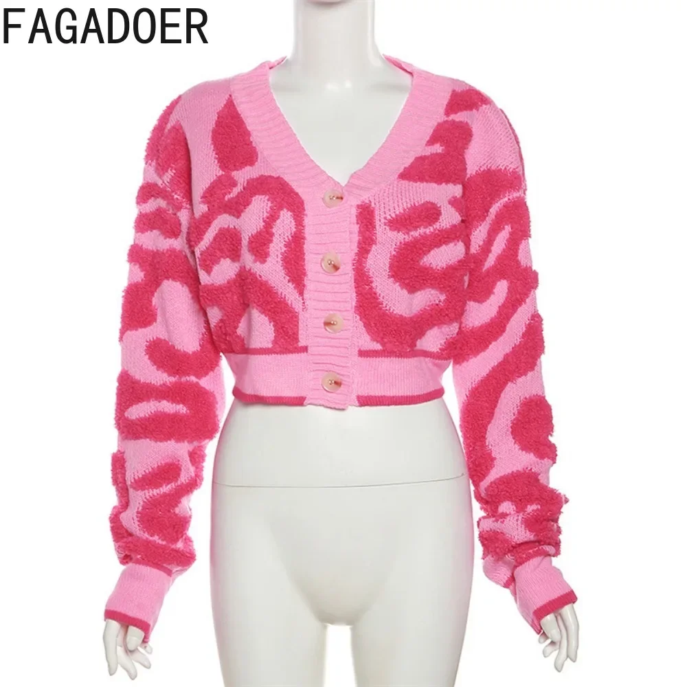 FAGADOER Fashion Sweet Knitting Slim Crop Tops Women V Neck Button Long Sleeve Patchwork Coat Autumn Lady Print Sweater Cardigan