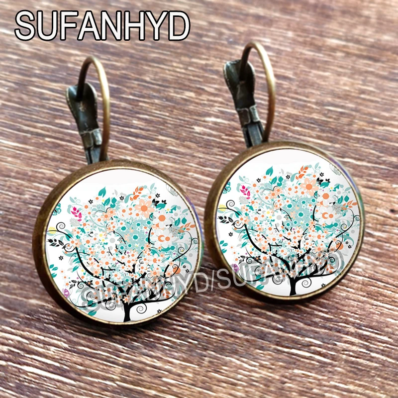 Colorful Tree Stud Earring for Women Vintage Bronze Color Leaf Glass Cabochon Tree of Life Earrings Jewelry