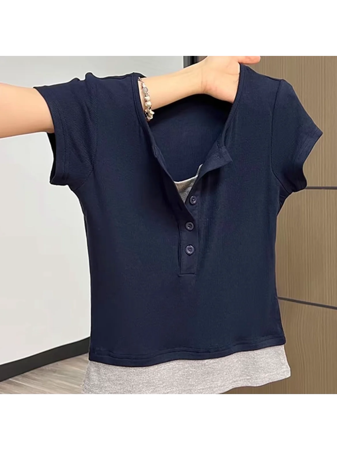 

Summer Short Sleeve T-Shirt 95 Cotton Henry Collar Women's plus Size Casual Comfortable Breathable Sweat Absorbent Affordable