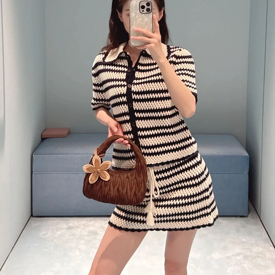 

2025 New Crochet Striped Hollow Cotton Knitted Cardigans Women Lapel Short Sleeve Buttons Vintage Sweet Sweater