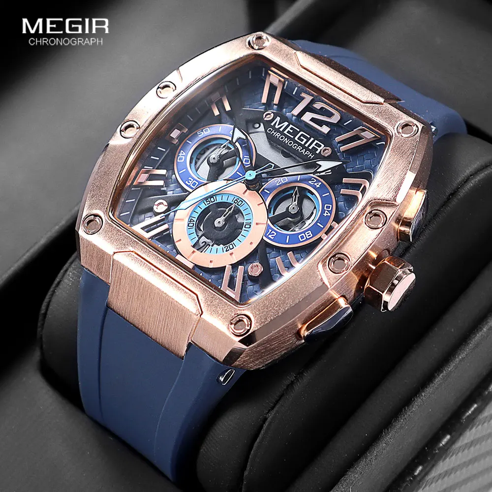 MEGIR Navy Blue Silicone Strap Sport Watch for Men Fashion Waterproof Chronograph Quartz Wristwatch with Luminous Hands Calendar