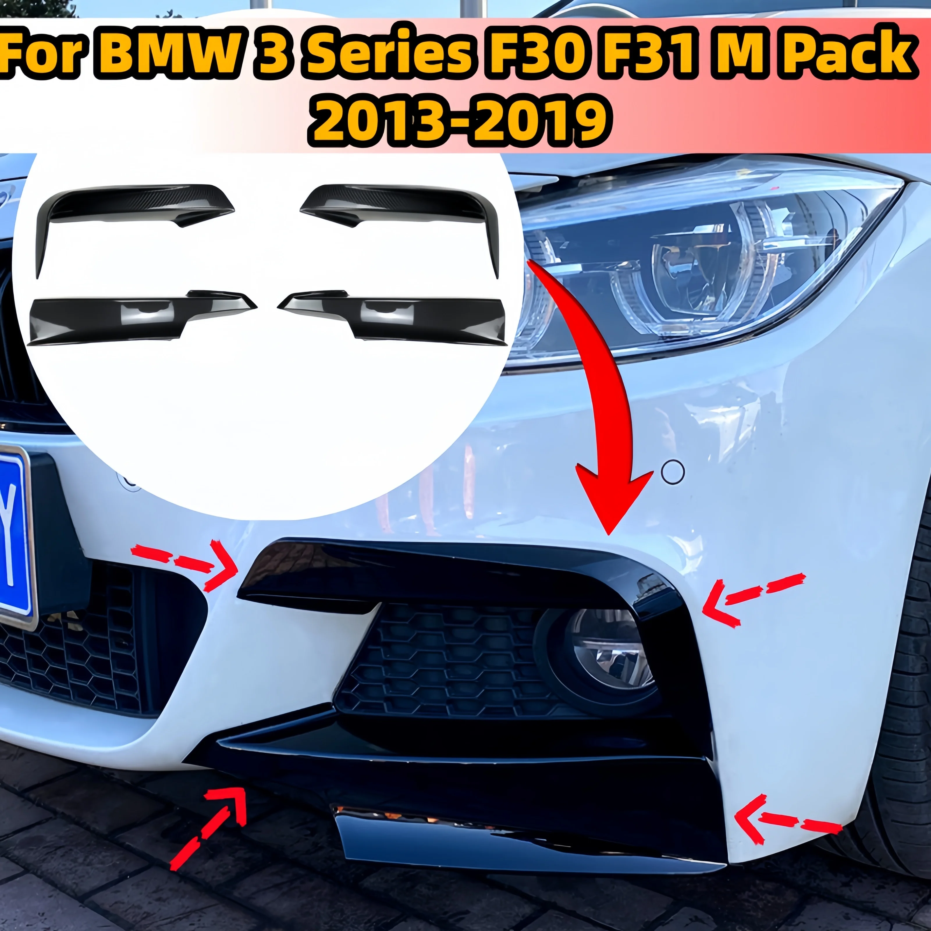 For BMW 3 Series F30 F31 M Pack 320i 325i M-Sport 2013-2019 ABS Gloss Black Front bumper fog light Lip Spoiler Body Kits Tuning