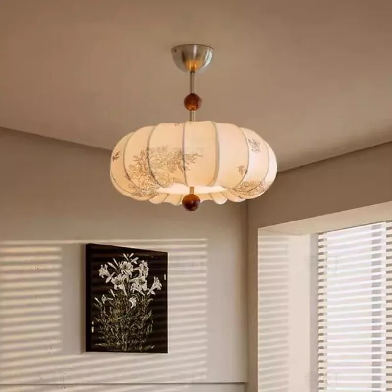 French retro style bedroom chandelier, fabric pattern medieval restaurant Nanyang solid wood wabi sandy wind warm main light