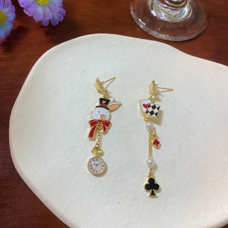 Self Designed S925 Needle Personality Funny Poker Earrings Cute Alice In Wonderland Little Rabbit Asymmetric Drop Earrings