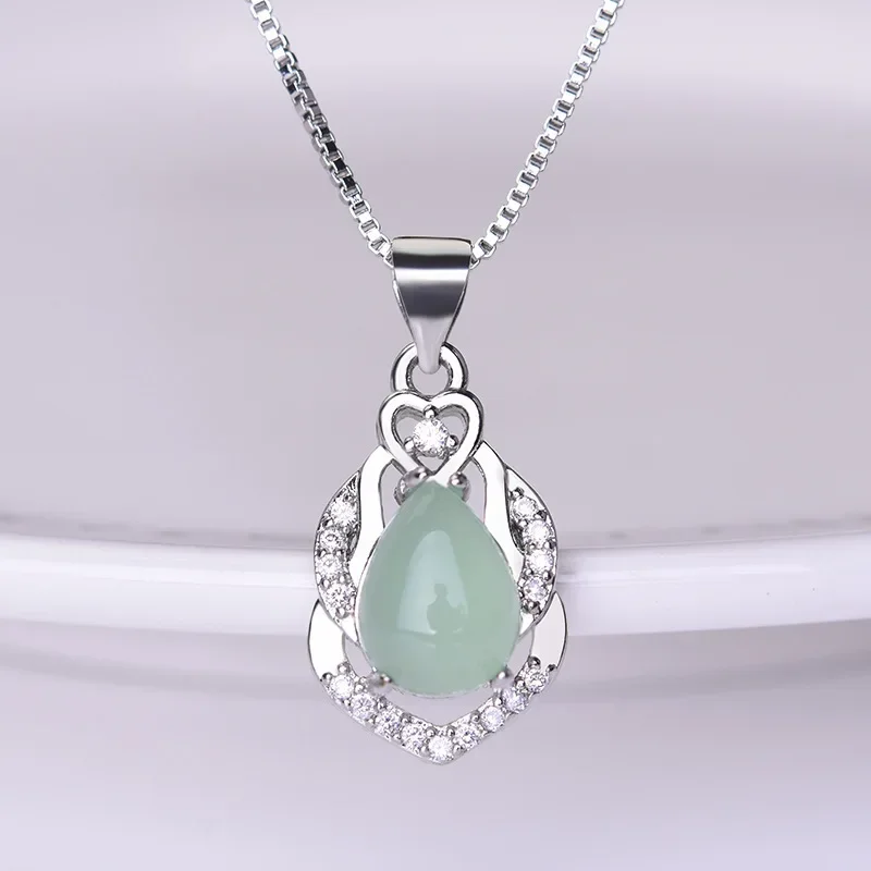 Natural Light Green Jade Drop Pendant Necklace 925 Silver Jadeite Chalcedony Amulet Fashion Charm Jewelry Gifts for Women Her