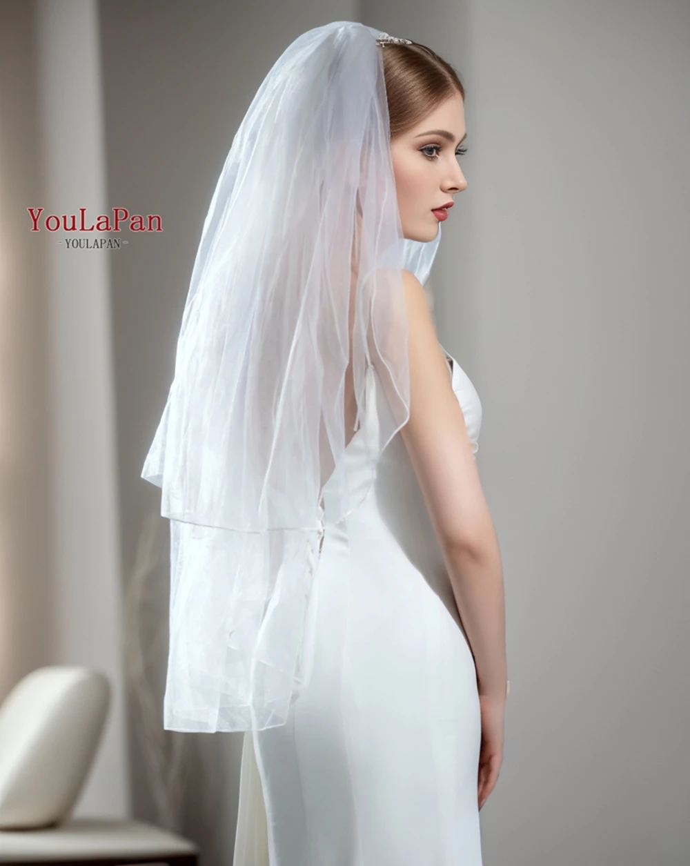 YouLaPan V15 Soft Tulle Veil with Soutache Cord Edging 2 Layer Wedding Veil Short White Ivory Bachelorette Veil Shoulder Length