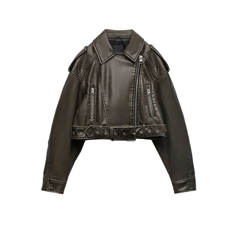 Spring New Sle Motorcycle Leather Jaet Stand Collar Loose ort PU Faux Leather Coat Outerwear Women's Commute Faion