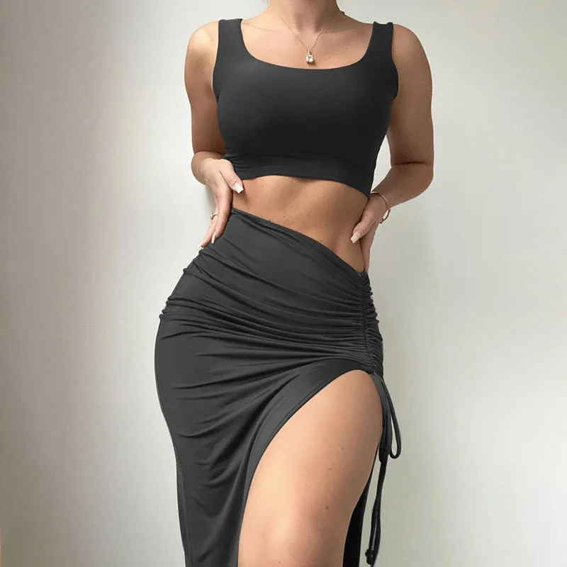 Fashion Crop Tops Maxi Skirts 2 Pieces Set Woman Sexy Vintage Y2K Beach Outfits Summer Kpop Goth Suits Matching Sets Woman Cloth