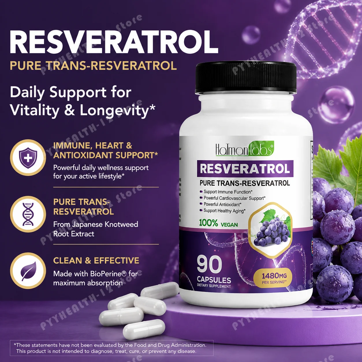 Pure Trans-Resveratrol 1480mg Capsules – Antioxidant Supplement with Quercetin & Black Pepper for Men & Women, 90 Veggie Caps
