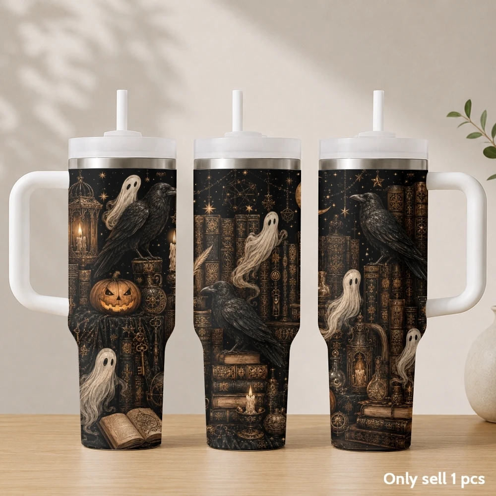 The Halloween Ghost Library Vacuum Flasks 40oz Stainless Steel Insulated Tumbler with Handle & Straw Leakproof Travel Mug