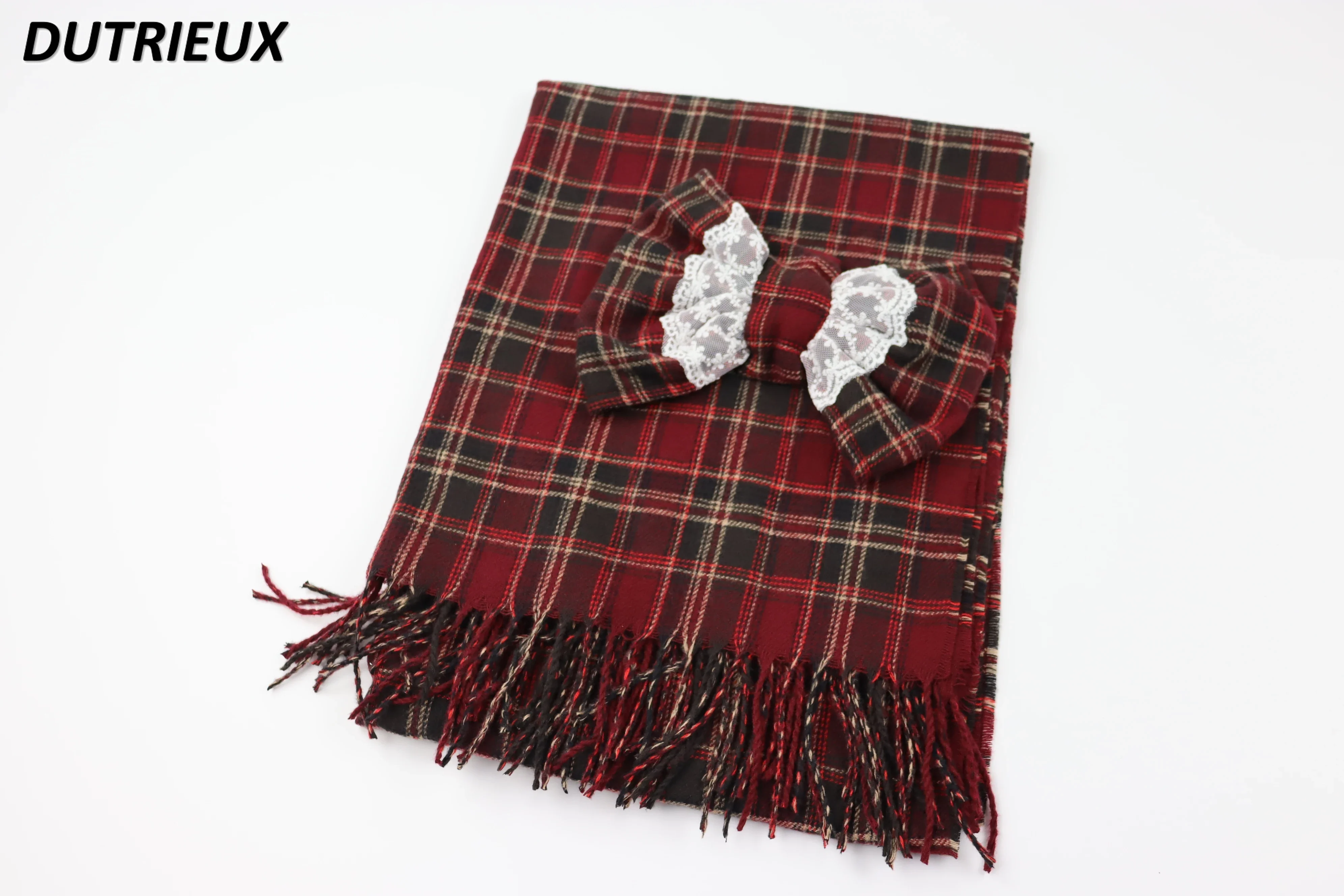 Sweet Bow Scarf Plaid Lolita Cute Girl Shawl Versatile Dual-purpose Model Red Mine Student Japanese Autumn and Winter Scarfs