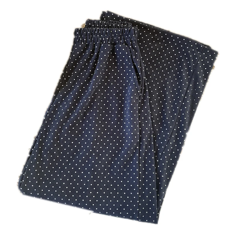 Pantalon décontracté en velours côtelé bleu à pois, taille haute, jambes longues et droites, coupe ample, fin, nouvelle collection printemps automne