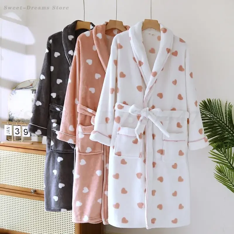 Flannel Bathrobe Kimono Autumn Winter Female Robe Thicken Sleepwear with Pocket Cute Print Sweet Heart Home Clothes Lounge Wear