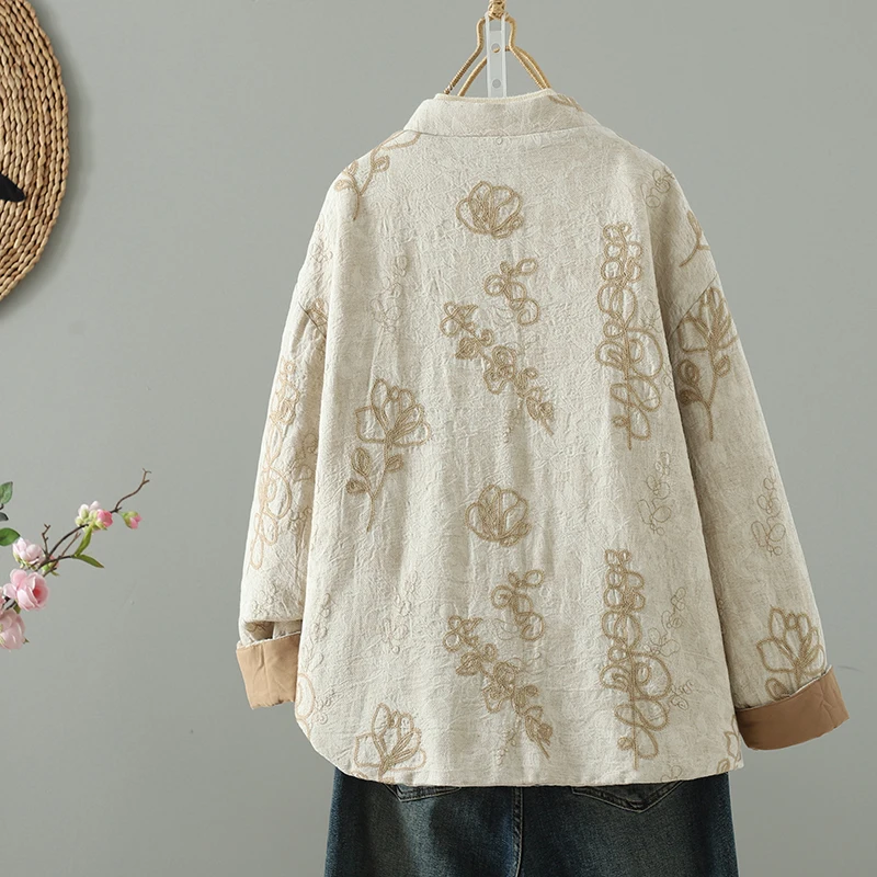 New Chinese Sle Thin Cotton Jaet Women's Autumn Winter Printed Clothes National Sle Button up Coat Long Sve Stand Co...