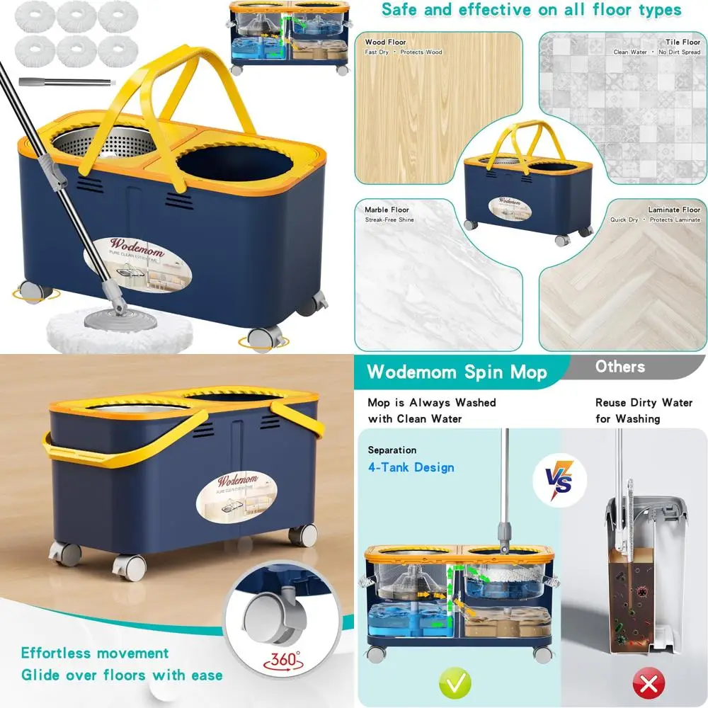 

Upgraded Mop and Bucket Set with 360-Degree Swivel Wheels, Easy Rolling, Clean and Dirty Water Separation, Hands-Free Wringer fo
