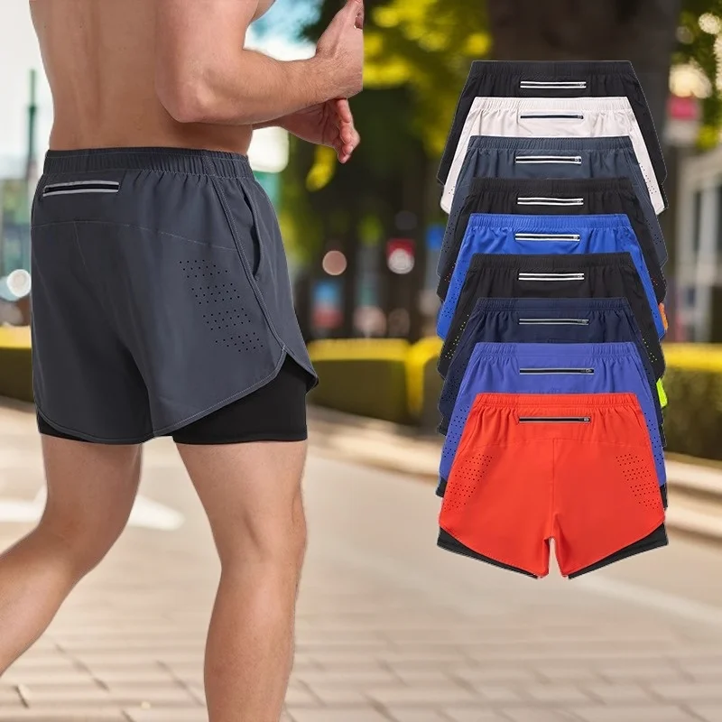 

Мужские спортивные шорты с встроенными карманами, летние, 2 в 1, быстросохнущие, для тренажерного зала, пляжа, бега, двухслойные, для активного отдыха
