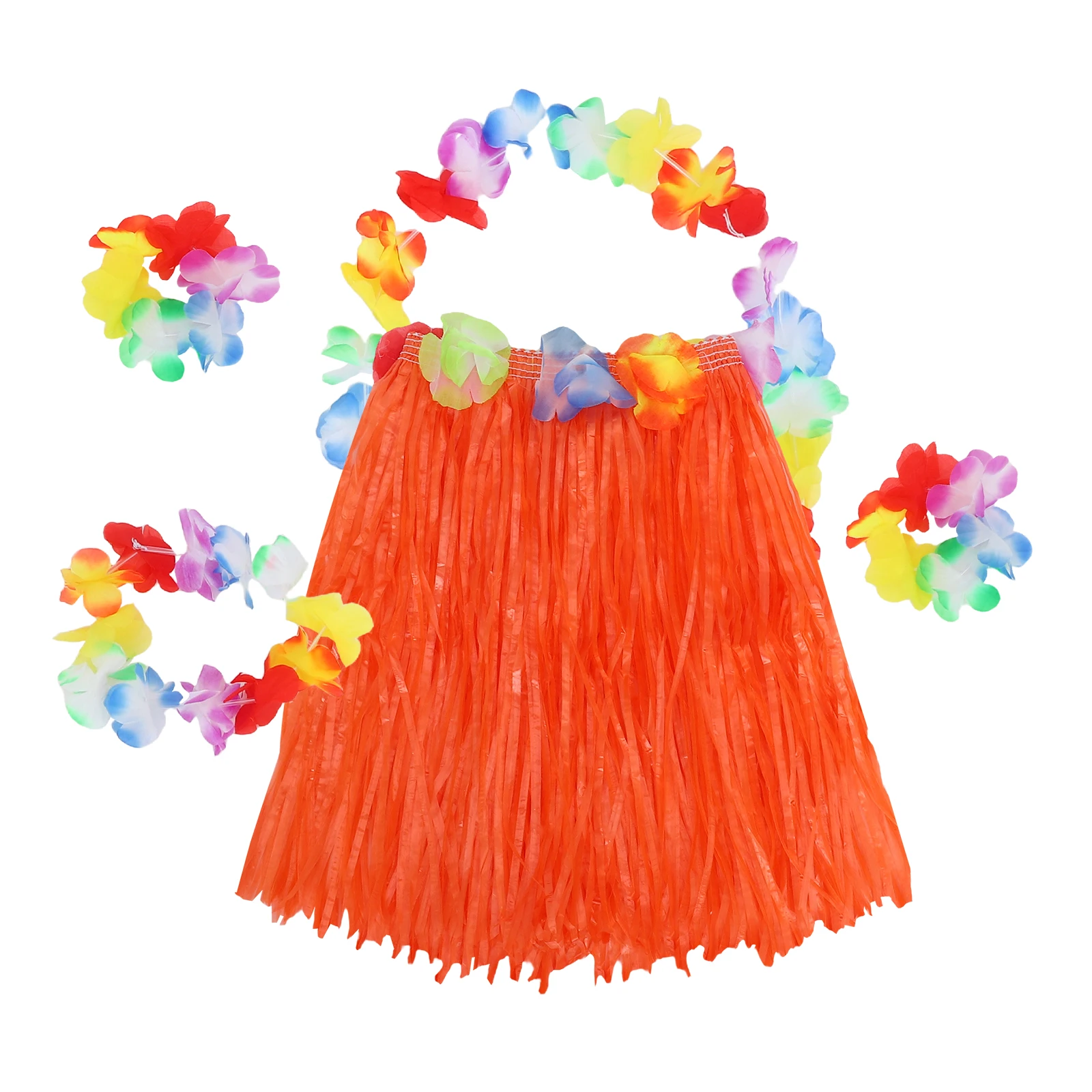 

Hawaiian Hula Skirt Set Kids Tropical Party Costume Colorful Leaf Outfit Accessories Orange Luau Island Theme Beach Party Role