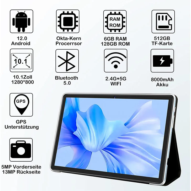 Versione globale Tablet wzifan W10 10.1 pollici Octa Core 6 + 128GB 8000 mAh Tablet PC 120Hz 2.5K Display LCD Tablet blu Android 12