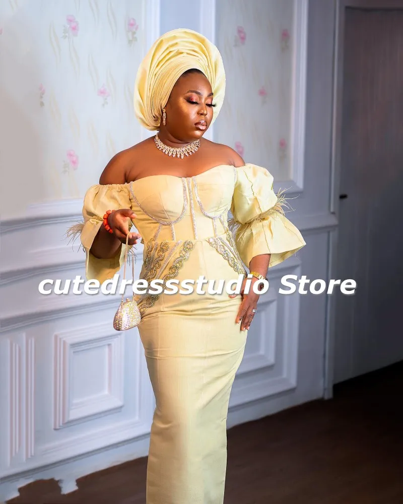 Formal Evening Gowns For Women Off The Shoulder Beaded Mermaid Prom Dresses Long Sleeve African Aso Ebi Wedding Party Dress 2024