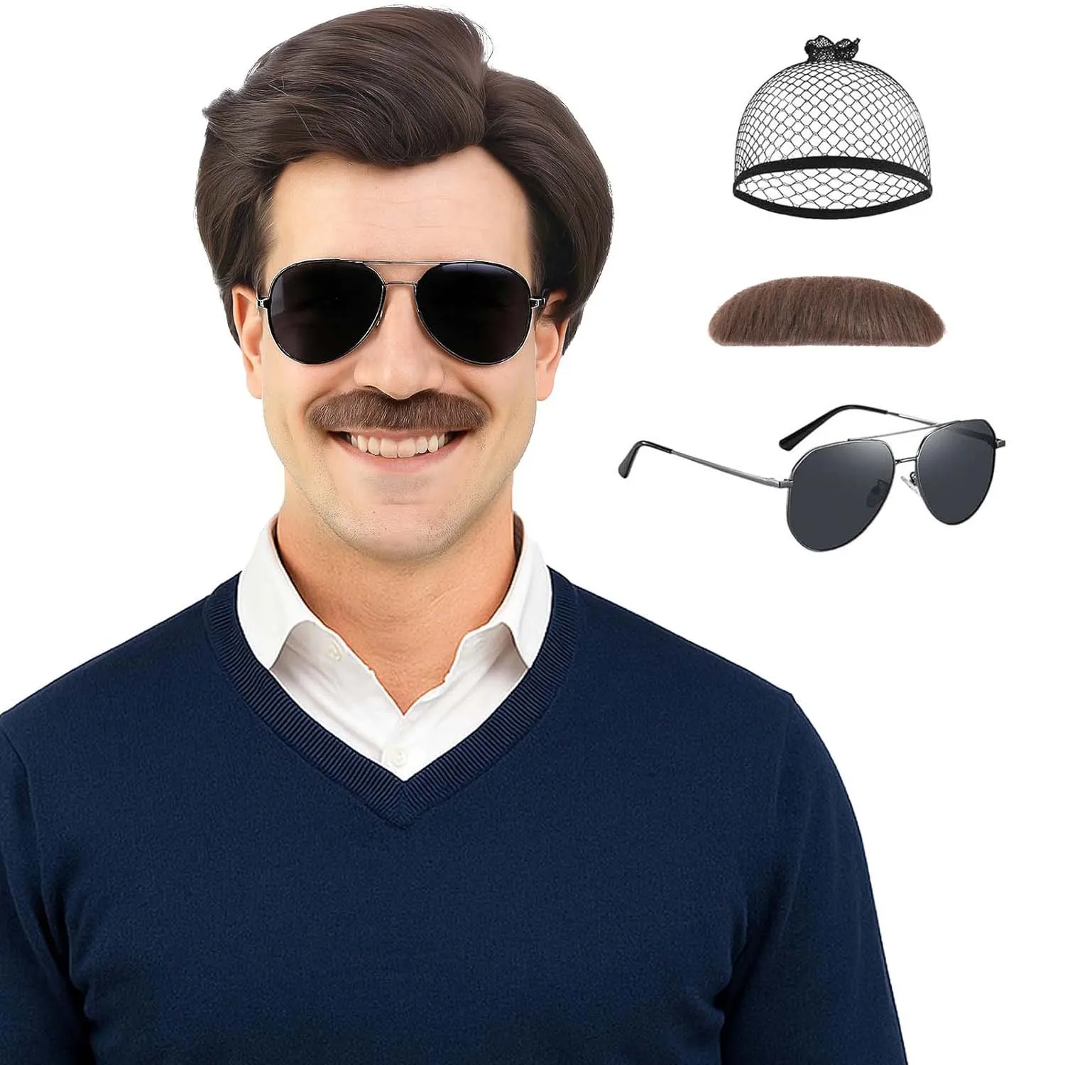Synthetic Short Brown Men Wig+Msutache+Sunglasses 70s 80s Football Coach Wig for Costume Halloween Party, Ted Lasso Cosplay Wig