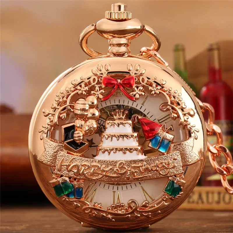 Creative Pocket Watch Hollow Out Happy Birthday Cake Design Unisex Hand Winding Mechanical Clock Timepiece with FOB Chain