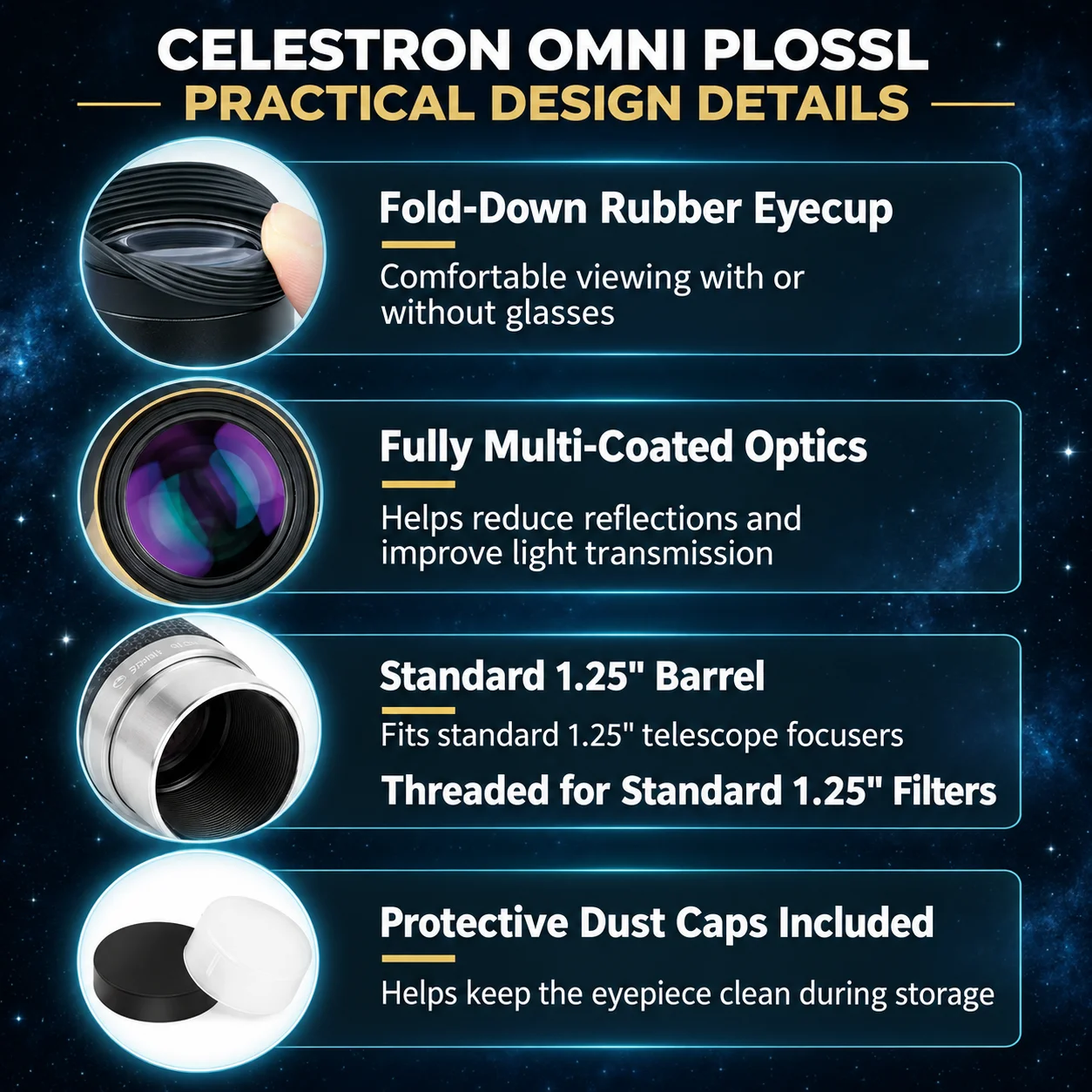 Celestron Omni Plossl 1.25 Inch Telescope Eyepiece 6mm 15mm 32mm FMC Lens for Moon Planetary and Deep Sky Viewing view 5
