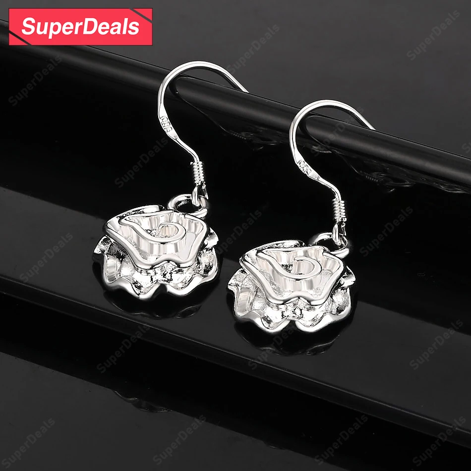 

SuperDeals 925 Sterling Silver Pretty Flower Drop Earring Fine Jewelry Women Charm Engagement Wedding Party Gift Accessories