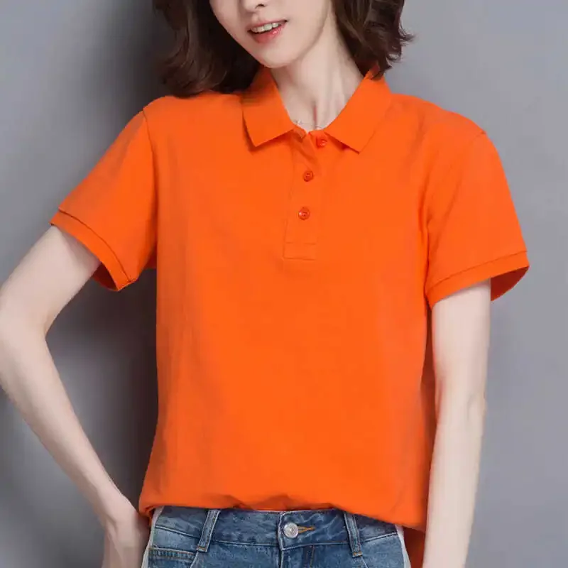 Woman T Shirt Slim White Button Polo Neck Women 100℅ Cotton Plain Clothing Trend 2024 in On Offer Fashion Youth Y2k Korean Style