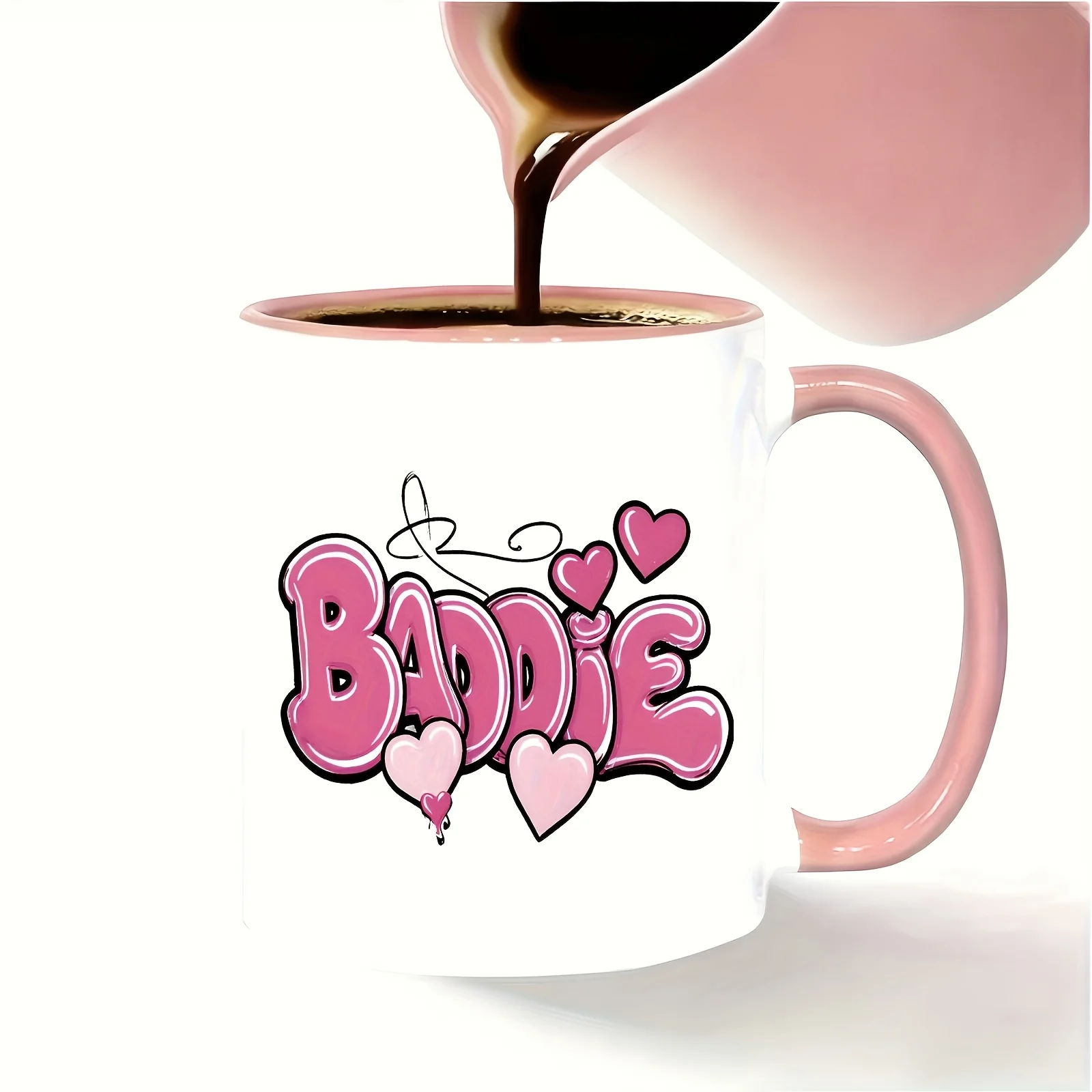 1 Coffee Cup, White Ceramic Coffee Cup, Pink Interior and Handle, with Graffiti Design, The Word 