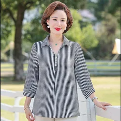 2024 Female Clothing Fashion Turn-down Collar Striped Printed Blouse Korean Vintage Commute Casual Button Shirt Tops Plus size