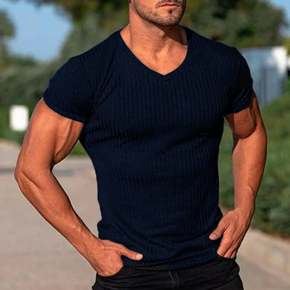 Deep V Neck T Shirt for Men Low Cut Vneck Wide Vee Tee Male Tshirt Invisible Undershirt Model Scoop Hem Slim Fit Short Sleeve