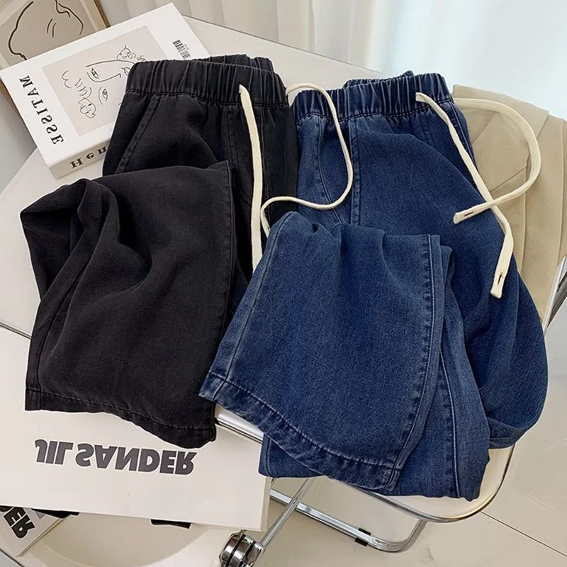 

Женские эластичные широкие джинсы с высокой талией больших размеров, свободные тонкие прямые повседневные длинные брюки, летняя модная одежда глубокого цвета...