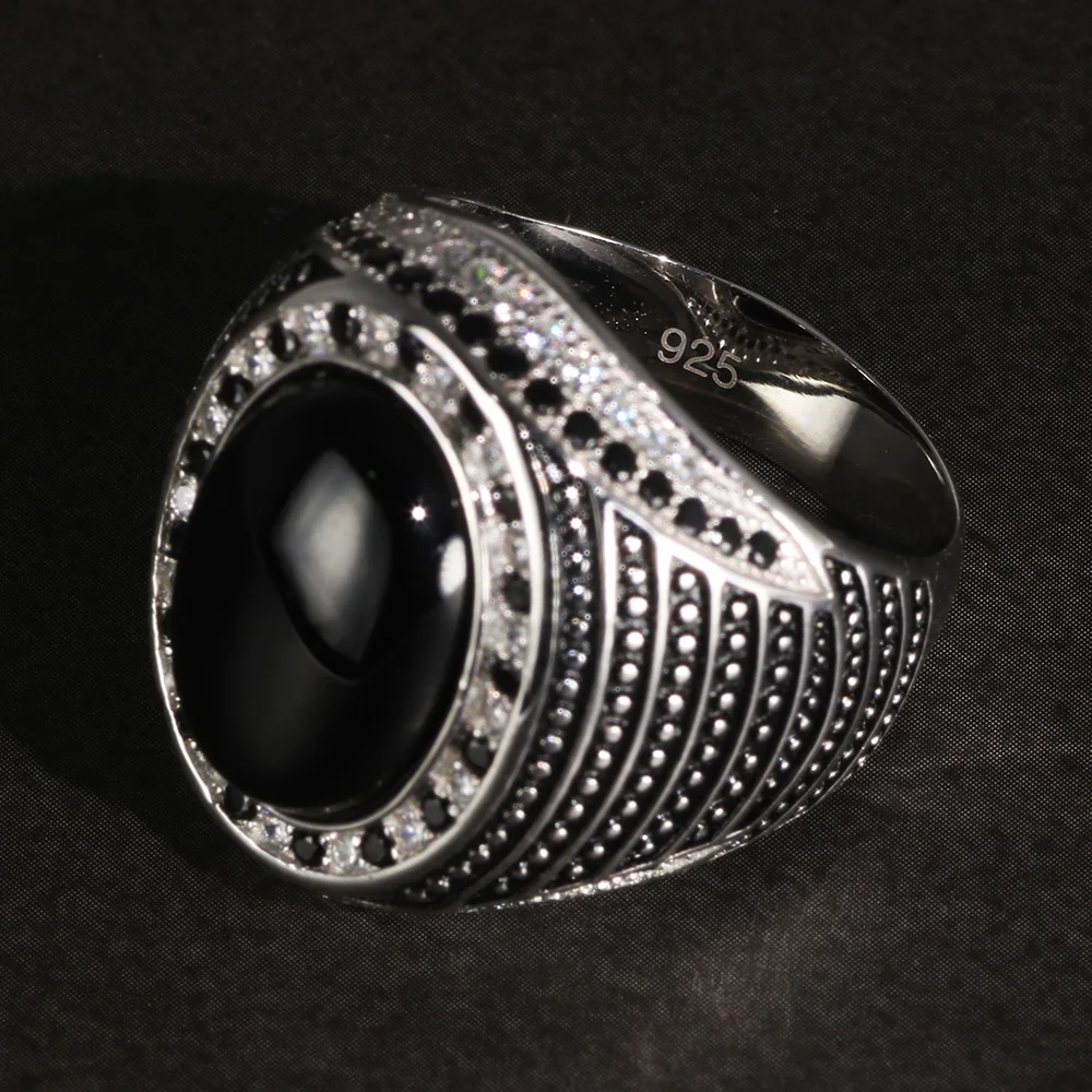 Real Pure 925 Sterling Silver Rings For Men With Natural Onyx paved with Black Zircon Turkish Finger Rings Man Wedding Band