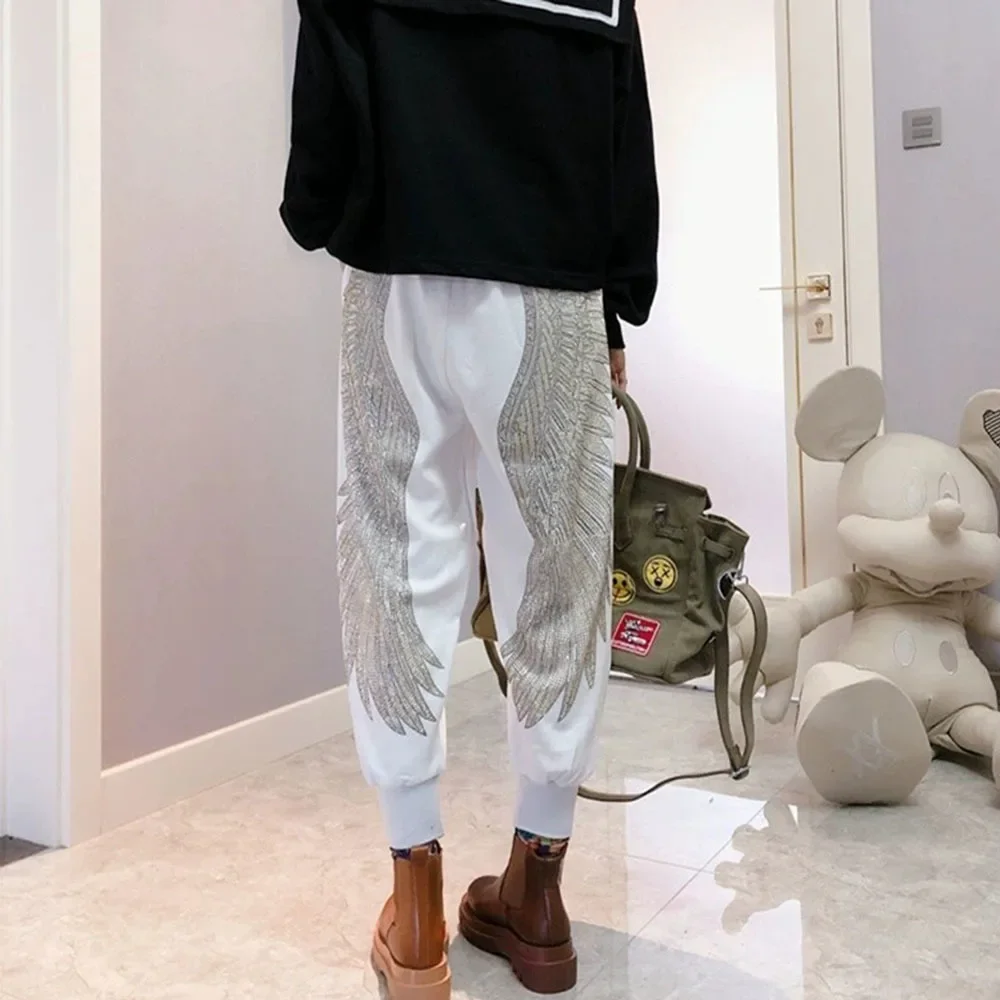 Spring Autumn Women's High Elastic Skinny Stretchy Trousers Women Hip Pants Golden Silver Rhinestone Wings Harajuku Harem Pants